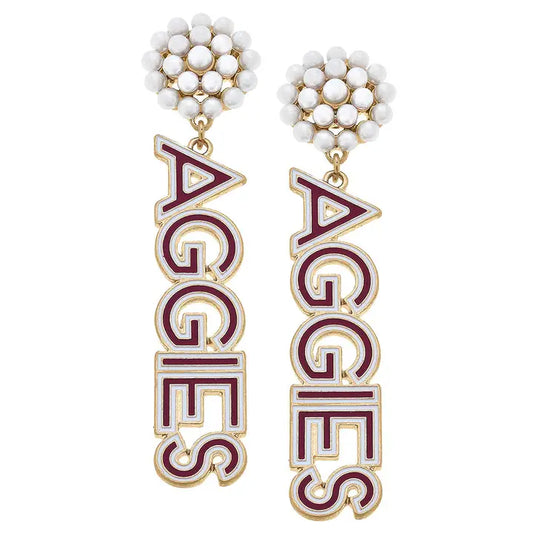 Texas A&M Aggies Pearl Cluster Outline Enamel Drop Earrings