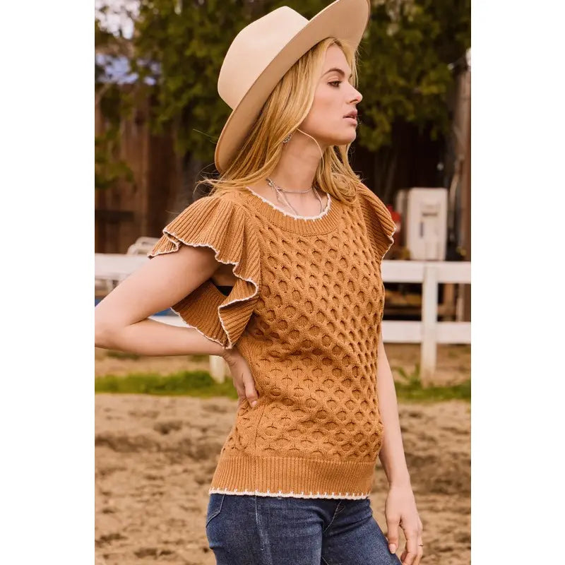 Solid Cable Knit Short Sleeve Sweater - Camel