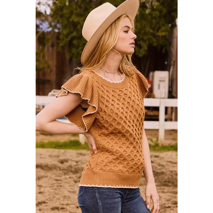 Solid Cable Knit Short Sleeve Sweater - Camel