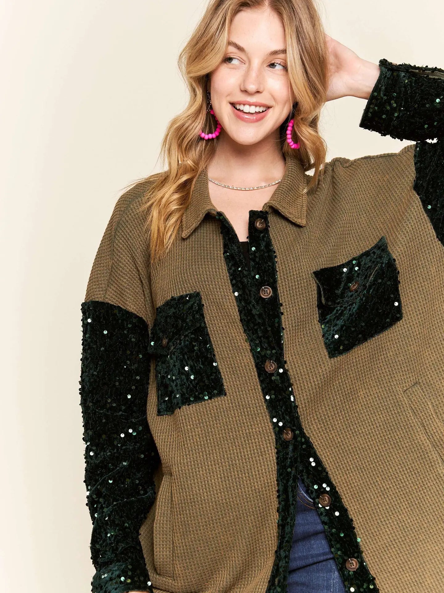 Sequin Accent Casual Shacket - Olive