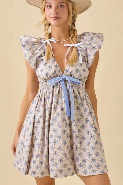 Deep V-Neck Floral Mini Dress
