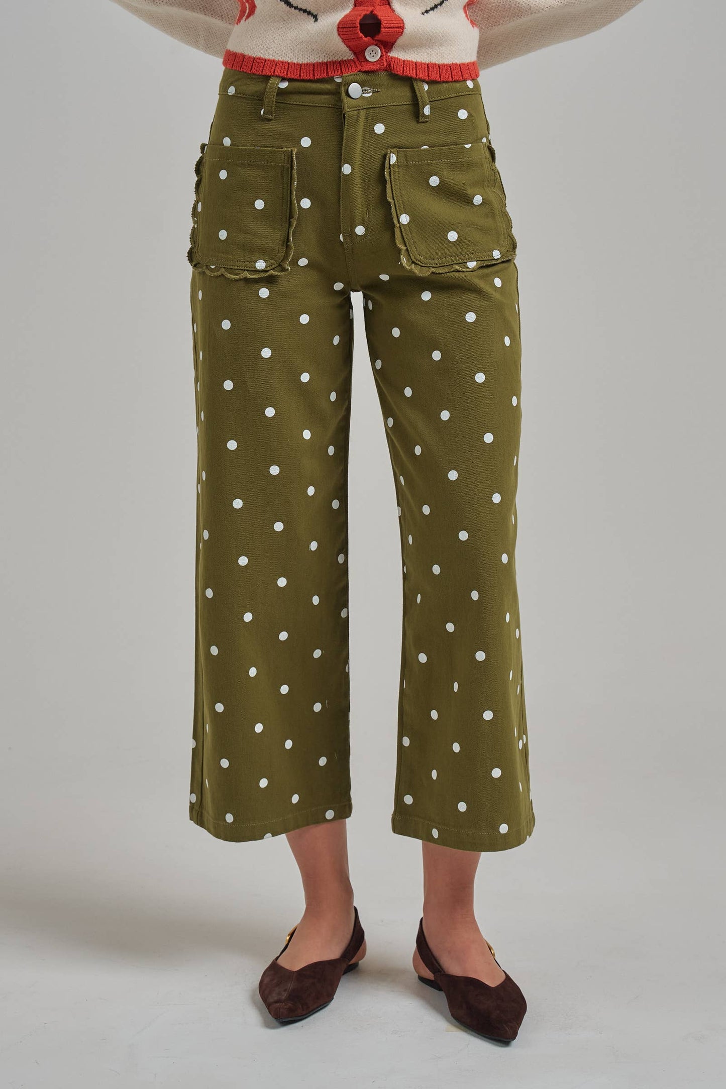 Mid Rise Polka Dot Wide Leg Pant - Olive