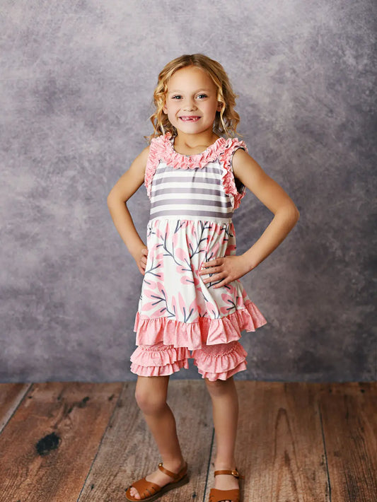 WH Kids Pink & Gray Stripe Spring Summer Ruffle Short Set