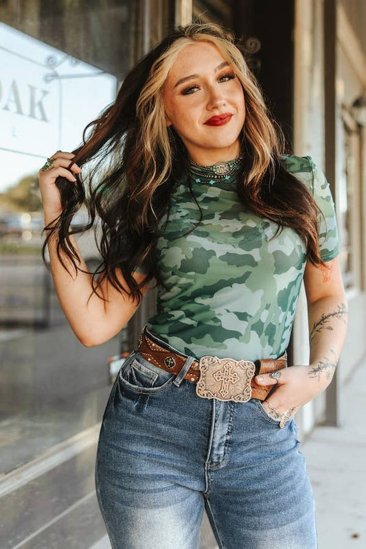 Curvy Girl Green Camo Short Sleeve Mesh Top - L&B