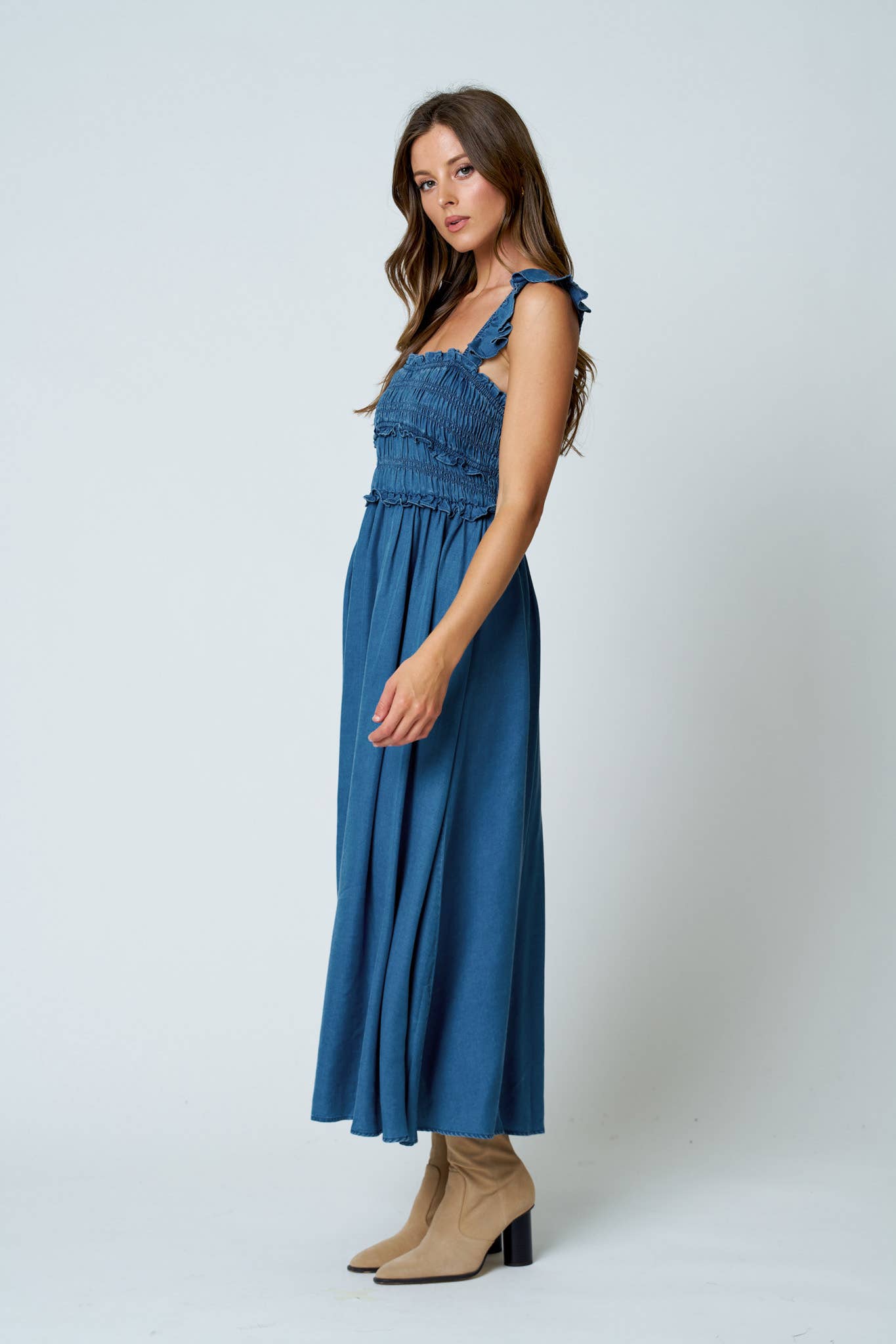 Denim Smocked Ruffle Strap Midi