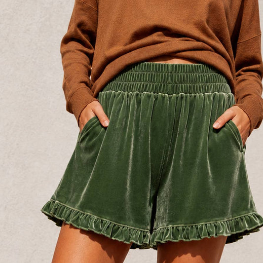 High-Waist Ruffle Velour Shorts with Pockets