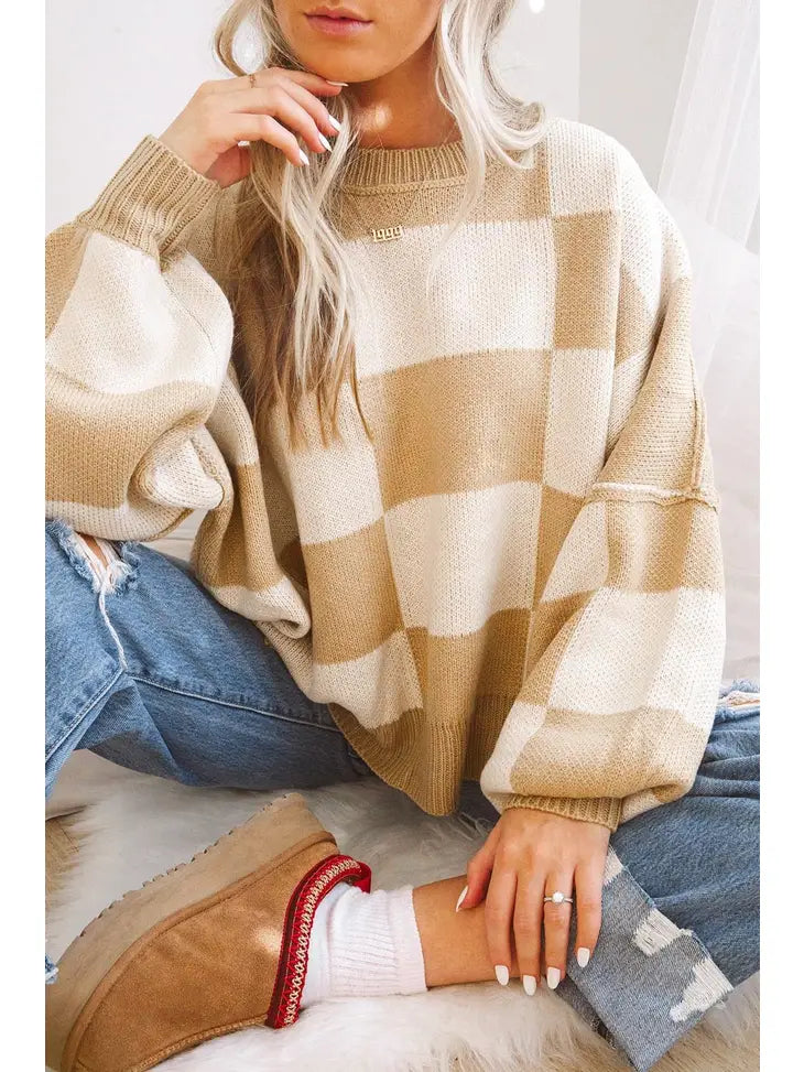 Checker Seam Exposed Crewneck Sweater