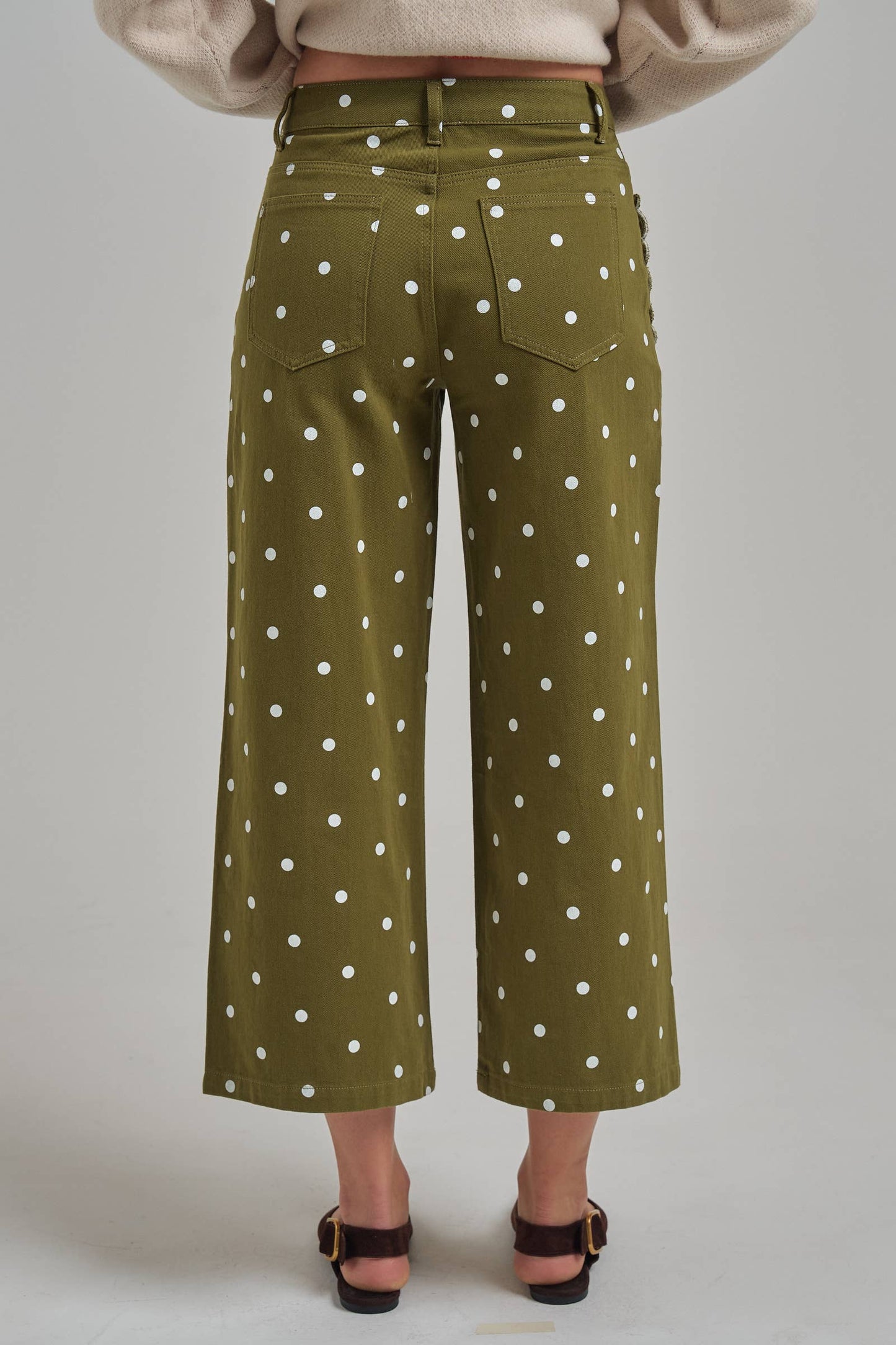 Mid Rise Polka Dot Wide Leg Pant - Olive