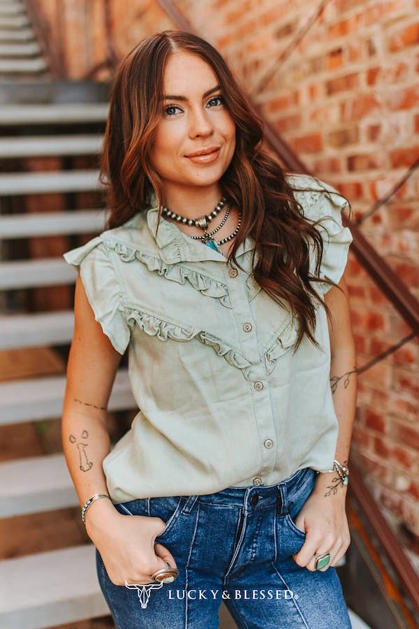 Curvy Mint Concho Button Down Ruffle Vintage Shirt - L&B