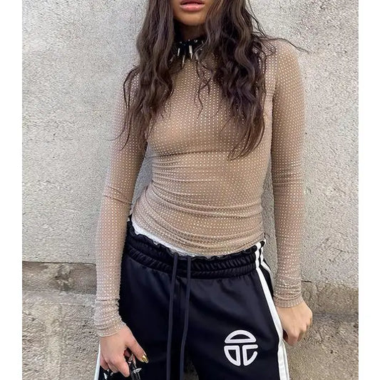 Allover Rhinestone Sexy Sheer Mesh Top