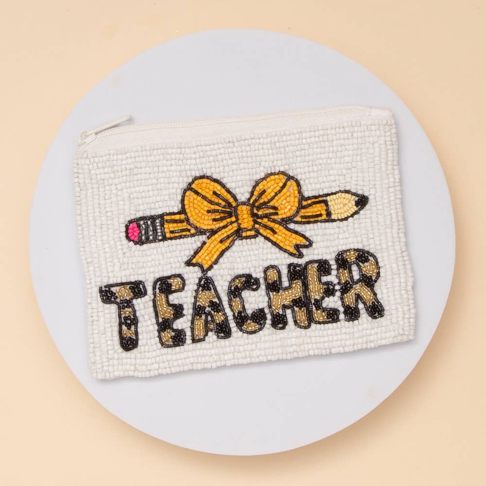 Teacher Yellow Number 2 Pencil Bow Seed Beaded Coin Bag