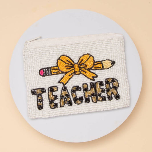Teacher Yellow Number 2 Pencil Bow Seed Beaded Coin Bag