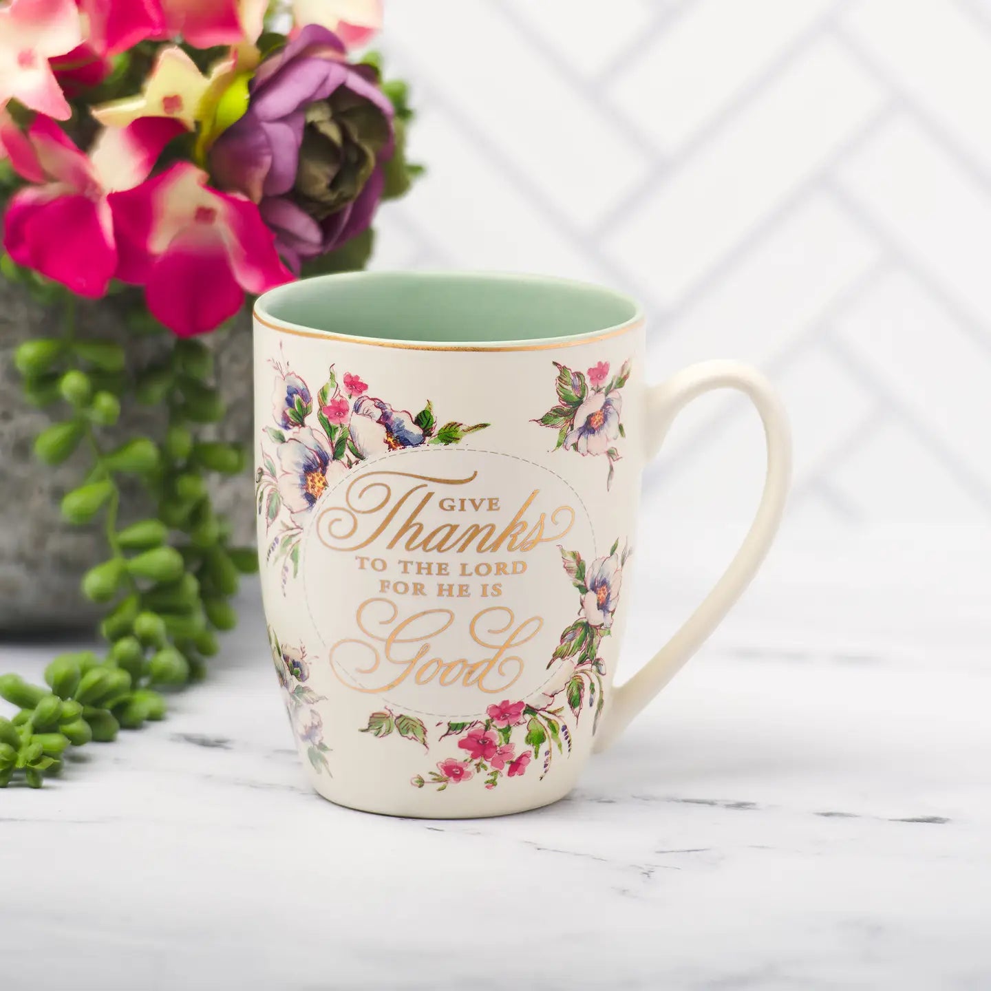 Mug Cream/Green Floral Give Thanks Ps. 107:1