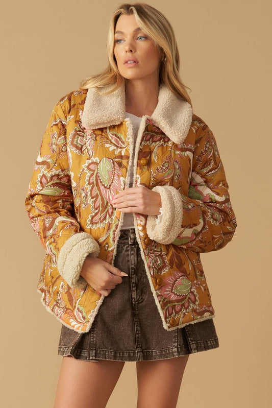 Printed Quilted Sherpa Lined Jacket