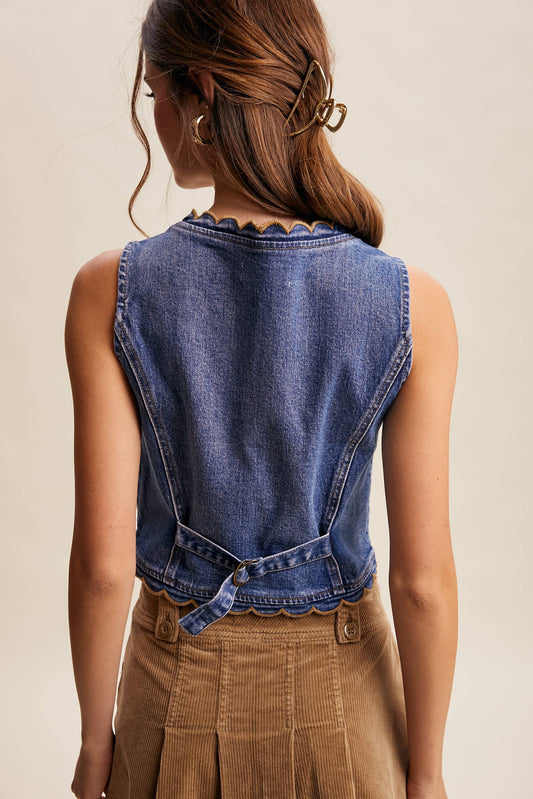 Scallop Trim Stretch Denim Vest