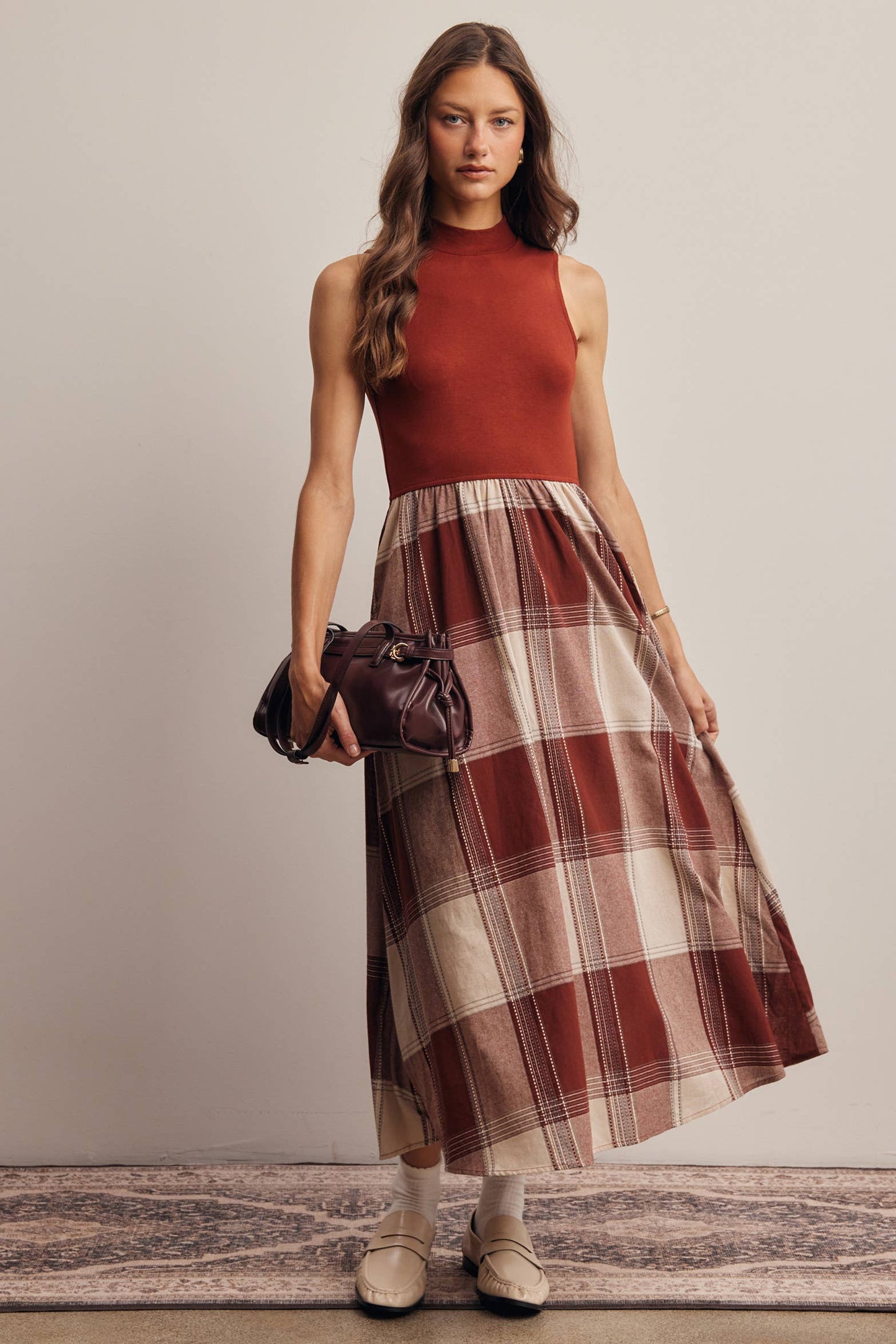 Mock Neck Mixed Plaid Midi