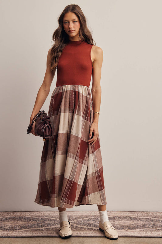 Mock Neck Mixed Plaid Midi