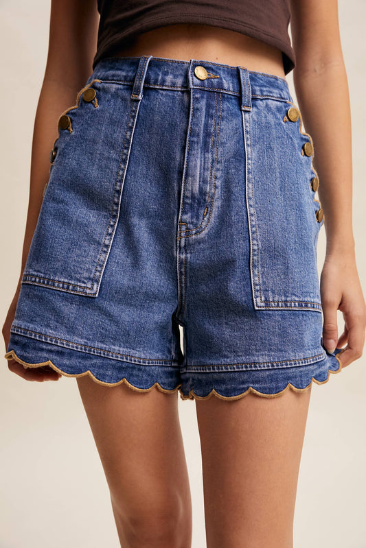 Scallop Button Denim Shorts