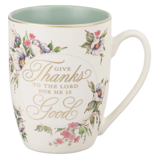 Mug Cream/Green Floral Give Thanks Ps. 107:1