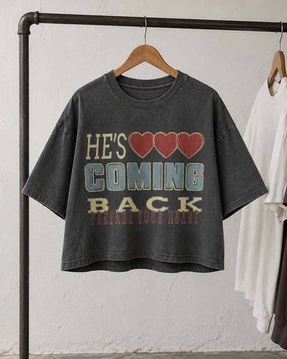 "He's Coming Back" Crop Tee - Vintage Black