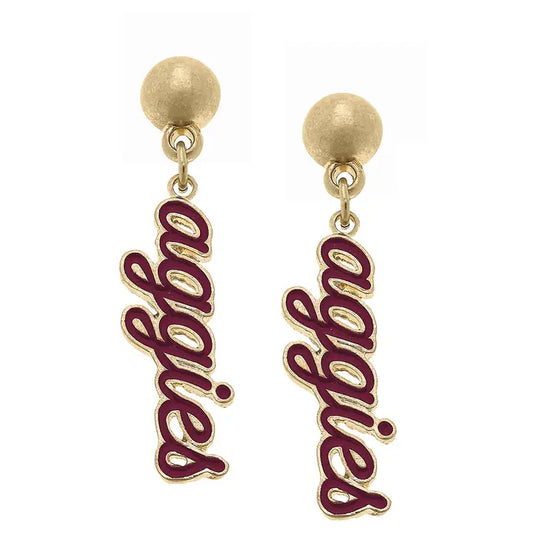 Texas A&M Aggies Enamel Script Earrings in Maroon