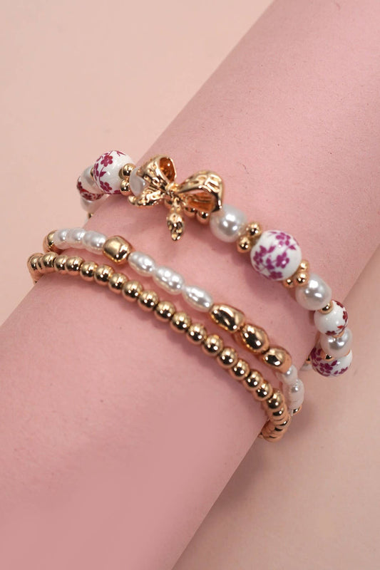 Girlys Gal Pink Ceramic Bow Multi-Layer Bracelet