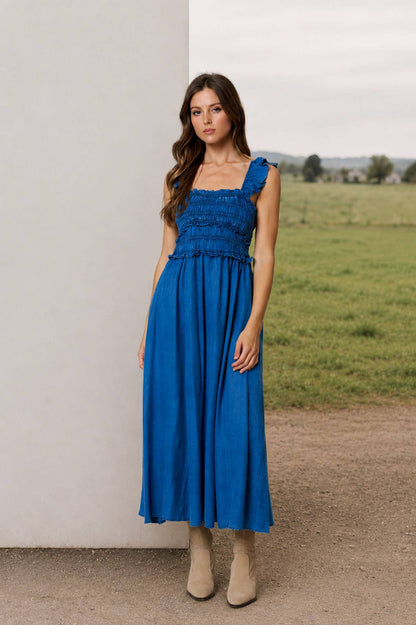Denim Smocked Ruffle Strap Midi