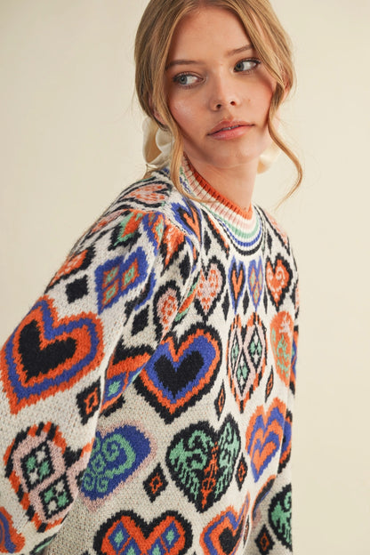 Heart Pattern Pullover Sweater