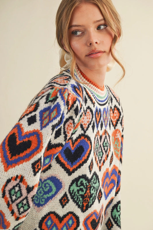 Heart Pattern Pullover Sweater