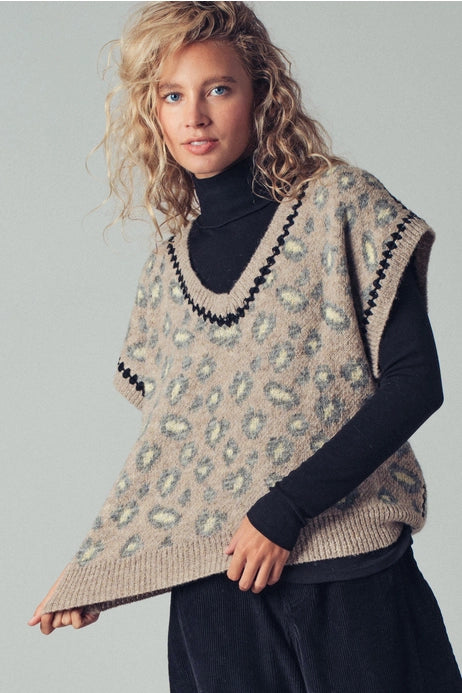 Leopard Crochet Trim Sweater Vest