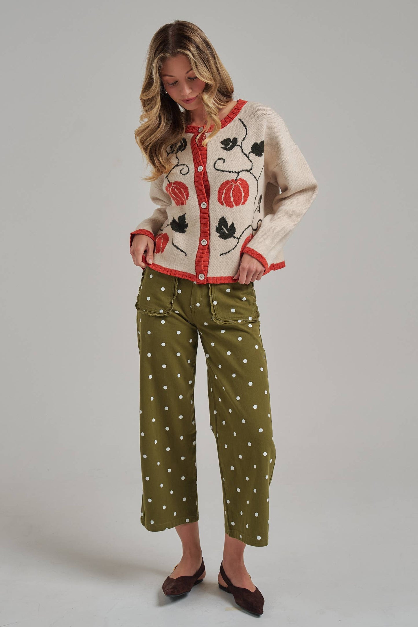 Mid Rise Polka Dot Wide Leg Pant - Olive