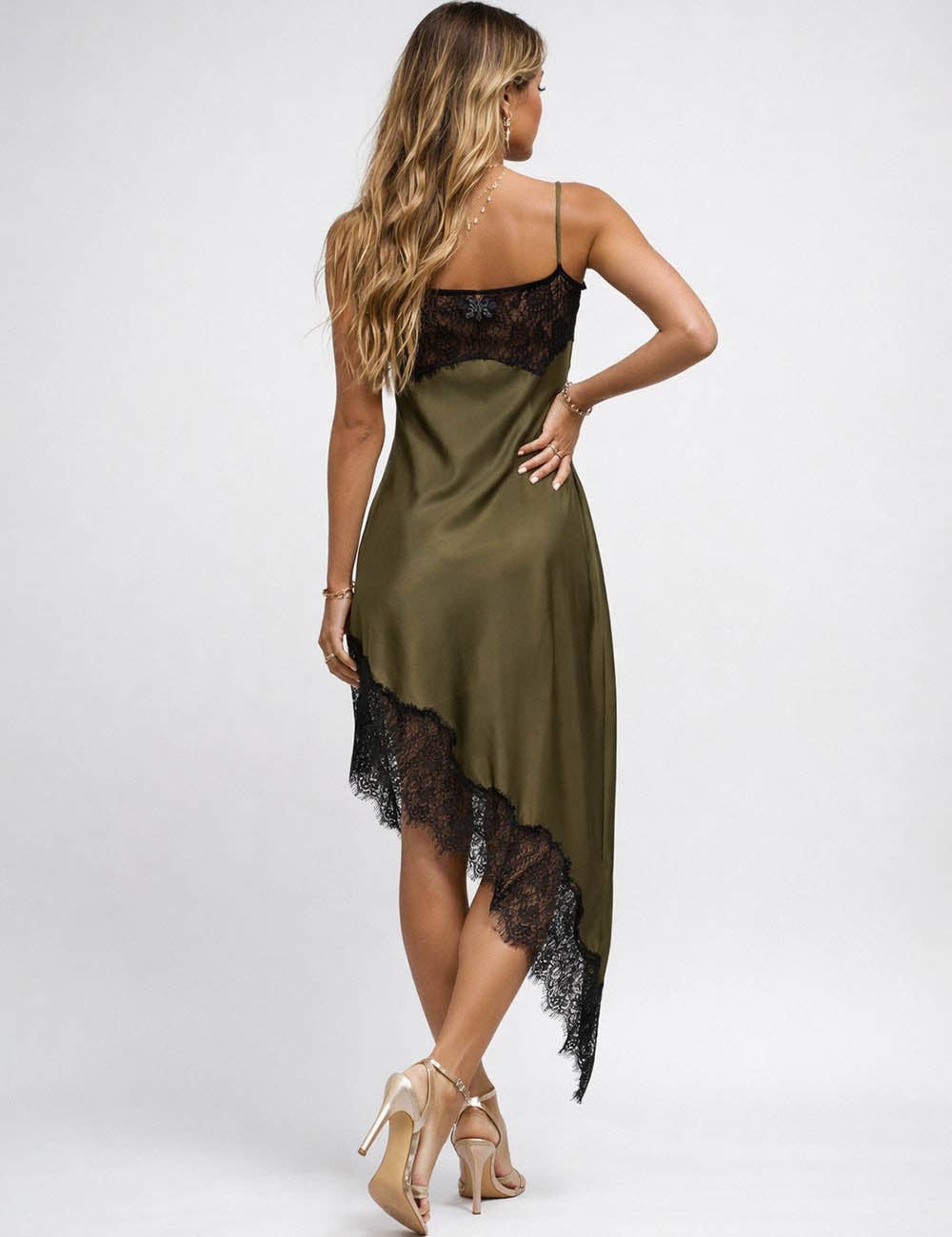 Satin Chic Lace Irregular Hem Midi Dress