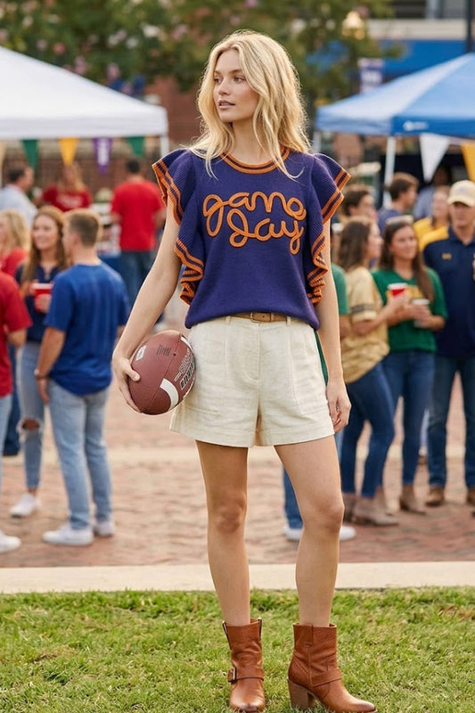 Ruffle Sleeve Varsity Gameday Knit Top - NAVY