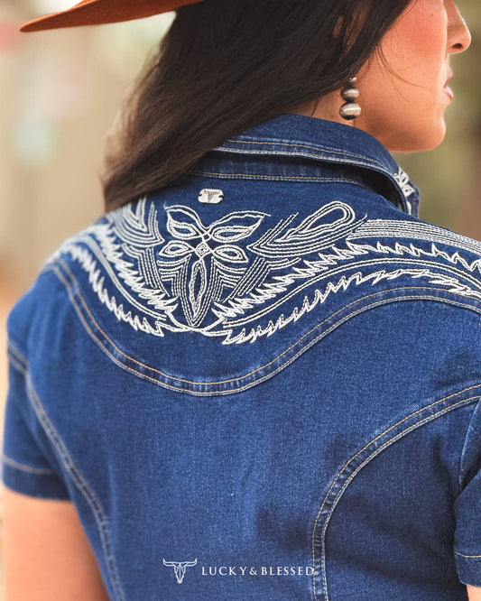 Dark Wash Embroidered Short Sleeve Mini Dress - L&B