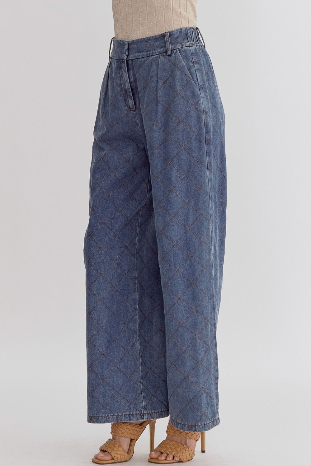 High Waisted Denim w/ Stitching Wide Leg Trouser