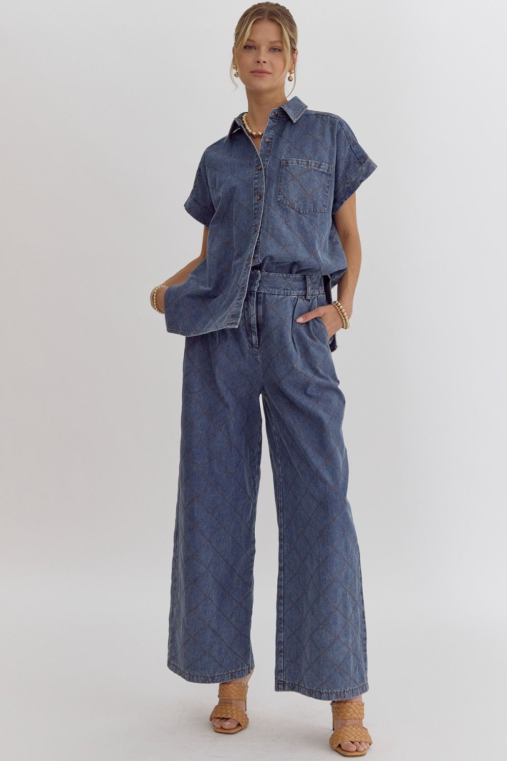 High Waisted Denim w/ Stitching Wide Leg Trouser