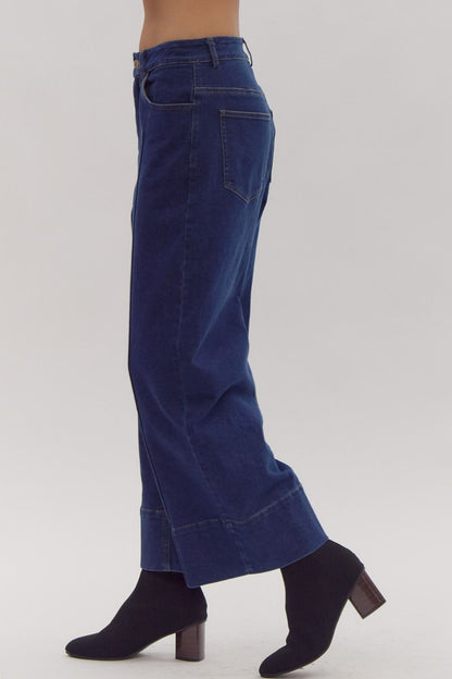 Mid Rise Wide Leg Ankle Pant - Denim