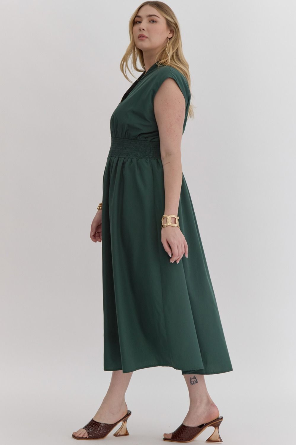 Plus Size Hunter Green V Neck Zipper Midi Dress