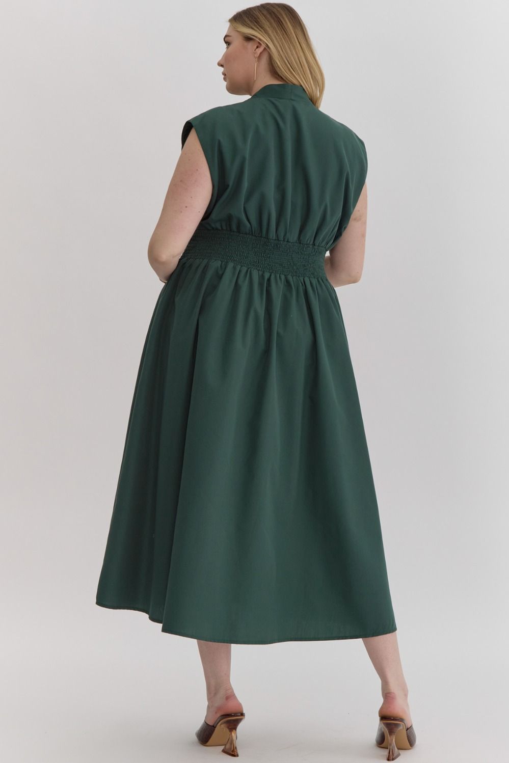 Plus Size Hunter Green V Neck Zipper Midi Dress