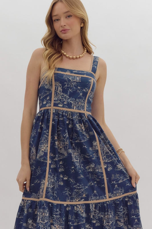 Indigo Toile Print Midi Dress