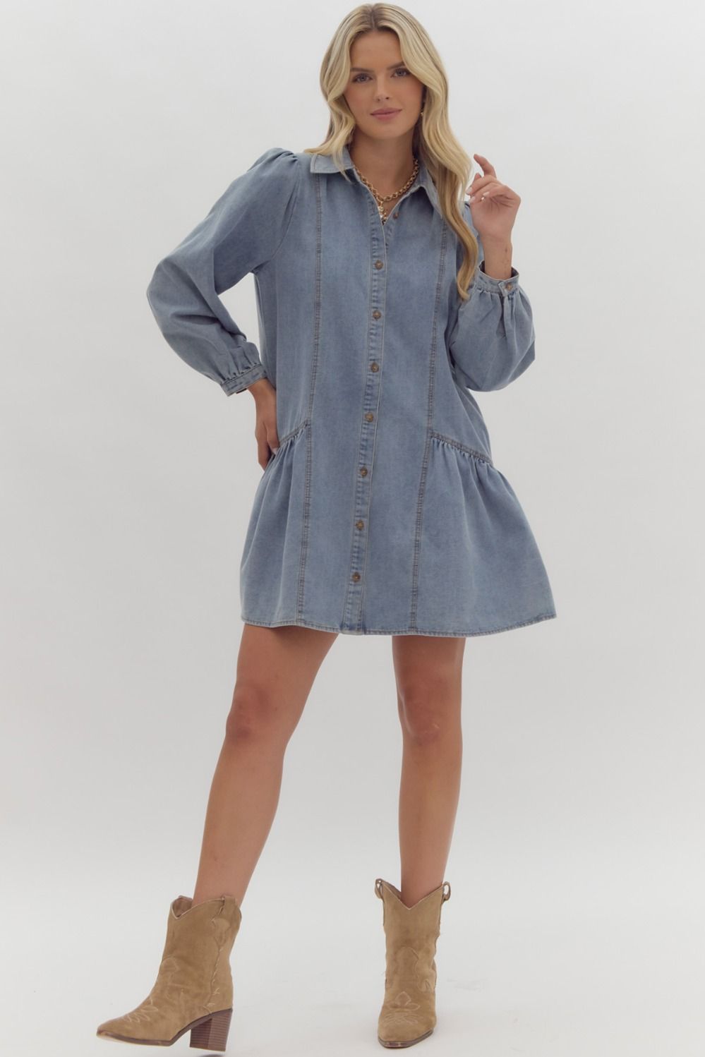 Denim Long Sleeve Mini Ruffled Dress