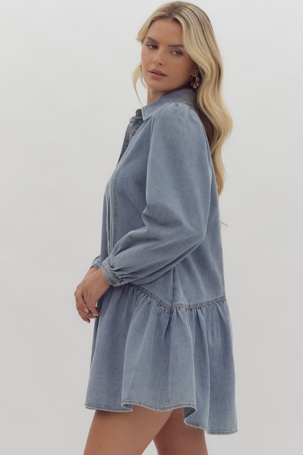 Denim Long Sleeve Mini Ruffled Dress