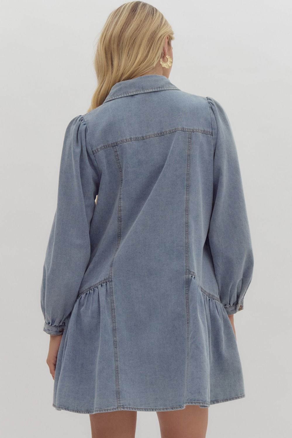 Denim Long Sleeve Mini Ruffled Dress