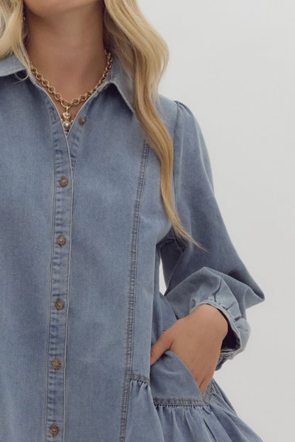 Denim Long Sleeve Mini Ruffled Dress