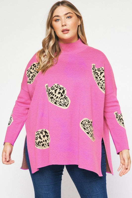 Plus Size Cowboy Hat Mock Long Sleeve Sweater - Pink