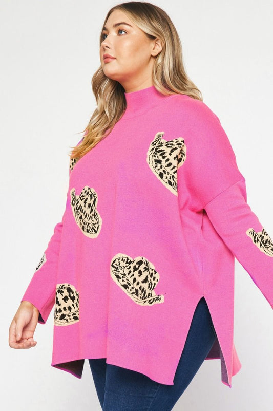 Plus Size Cowboy Hat Mock Long Sleeve Sweater - Pink