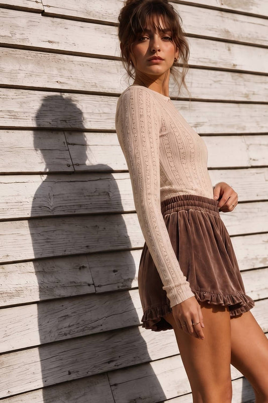 High-Waist Ruffle Velour Shorts with Pockets