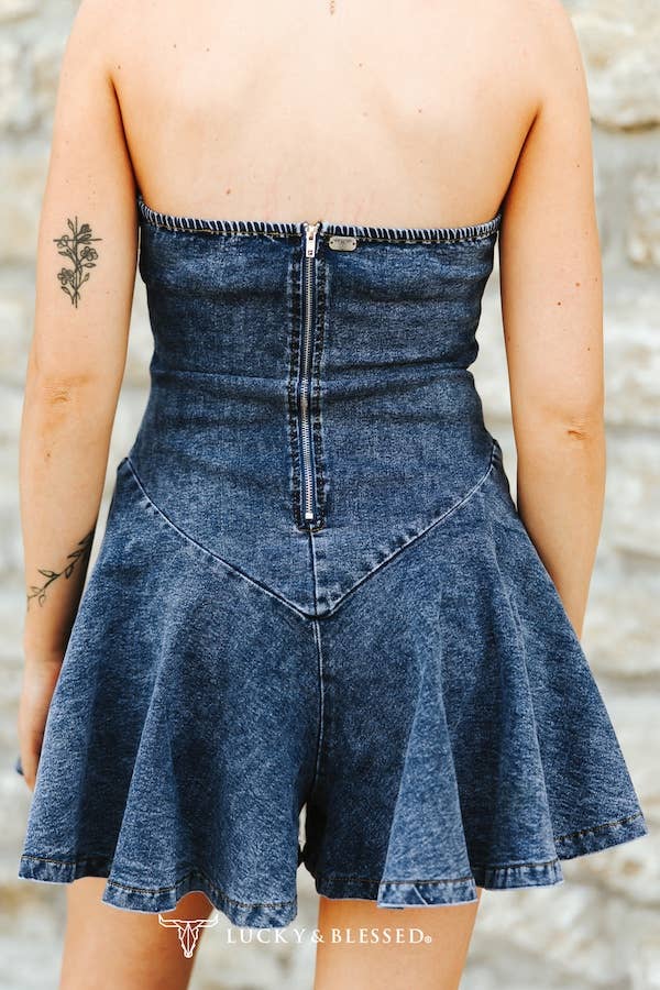 Dark Wash Fluttered Ruffle Strapless Romper - L&B