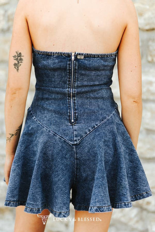 Dark Wash Fluttered Ruffle Strapless Romper - L&B