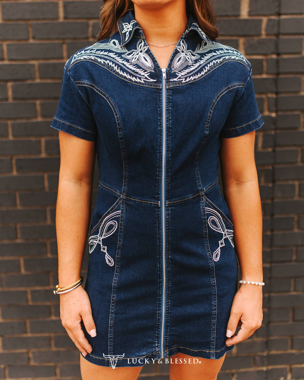 Dark Wash Embroidered Short Sleeve Mini Dress - L&B